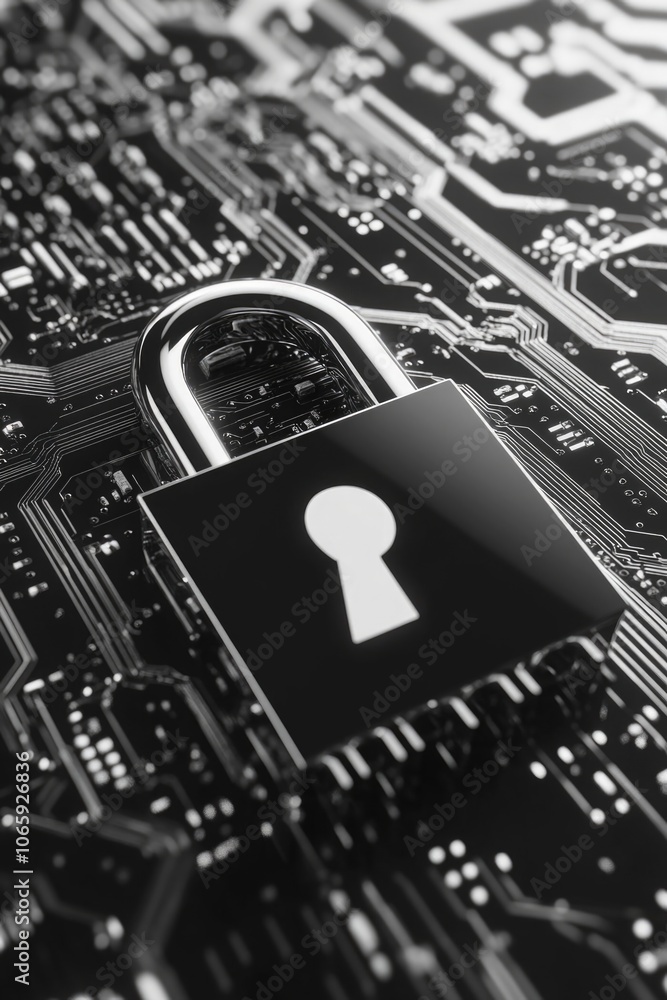 Poster futuristic concept of a computer chip with an unbreakable digital lock. cryptography and cyber-secur