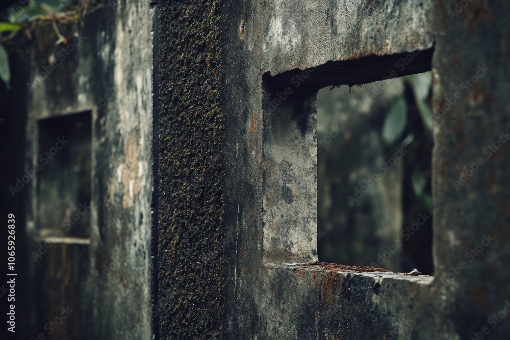 Aufkleber the wall is covered in moss and has a window in the middle. the window is open and the wall is dirty