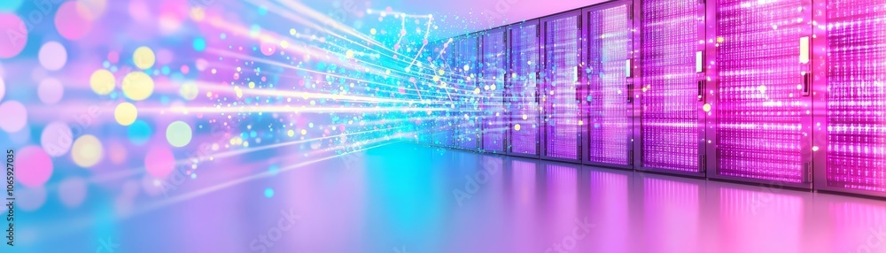 Poster the futuristic world of data centers with a hyperrealistic close-up of a server room illuminated by 