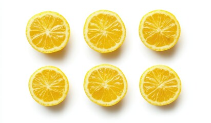 Fototapeta premium Vibrant yellow lemon slices on a white background