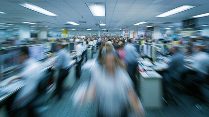 Busy office environment with employees engaged in various tasks during a workday