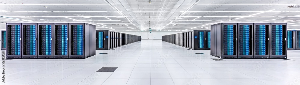 Poster the hyperrealistic visuals of a modern data center showcasing innovative technology infrastructure