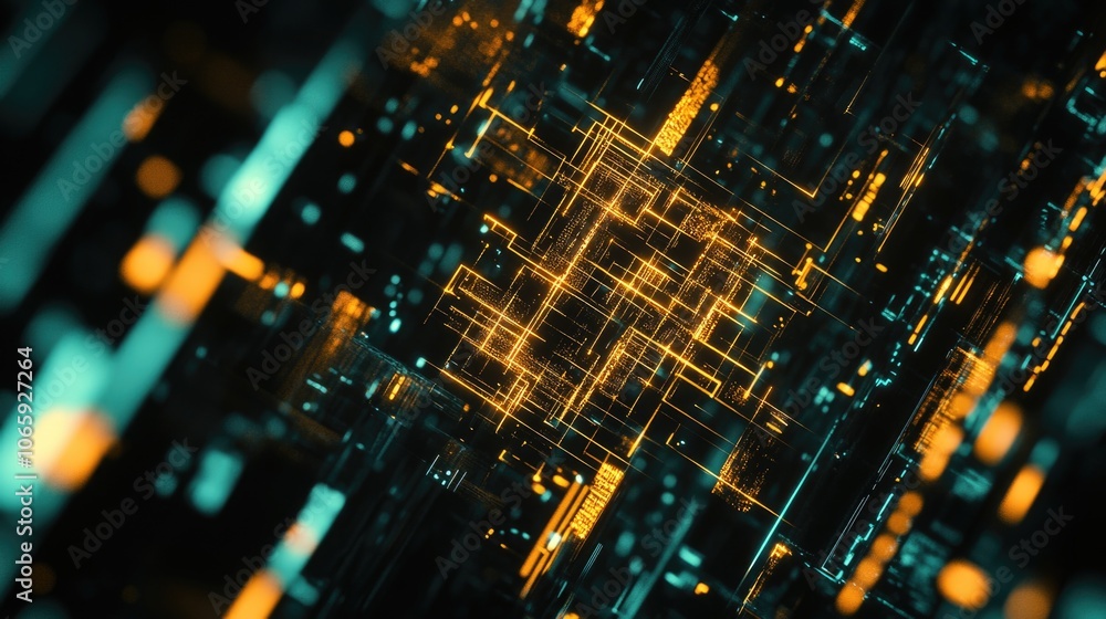 Poster close-up of circuit board with digital interface design.