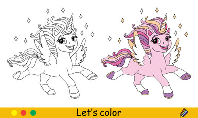 Kids coloring with cute dreaming unicorn with wings and sparks © alinart