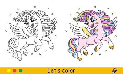 Fototapeta premium Kids coloring cute dreaming unicorn with wings vector