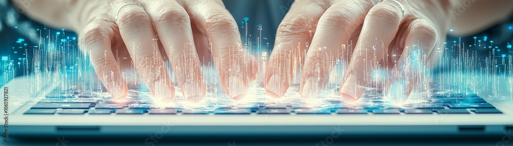 Poster a hyperrealistic image capturing a person engaged in creative work on a laptop with digital effects 