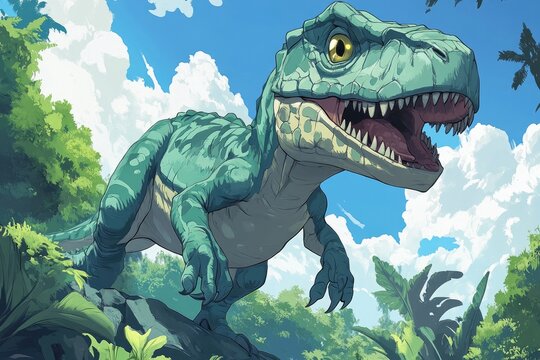 Gigantic tyrannosaurus rex roaming in lush prehistoric jungle