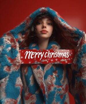 a young woman wrapped in a blue and red blanker is holding a red banner with "Merry Christmas" in white letters
