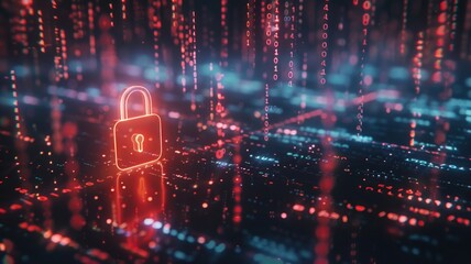 Cybersecurity concept with digital lock and data streams - technology and data protection theme
