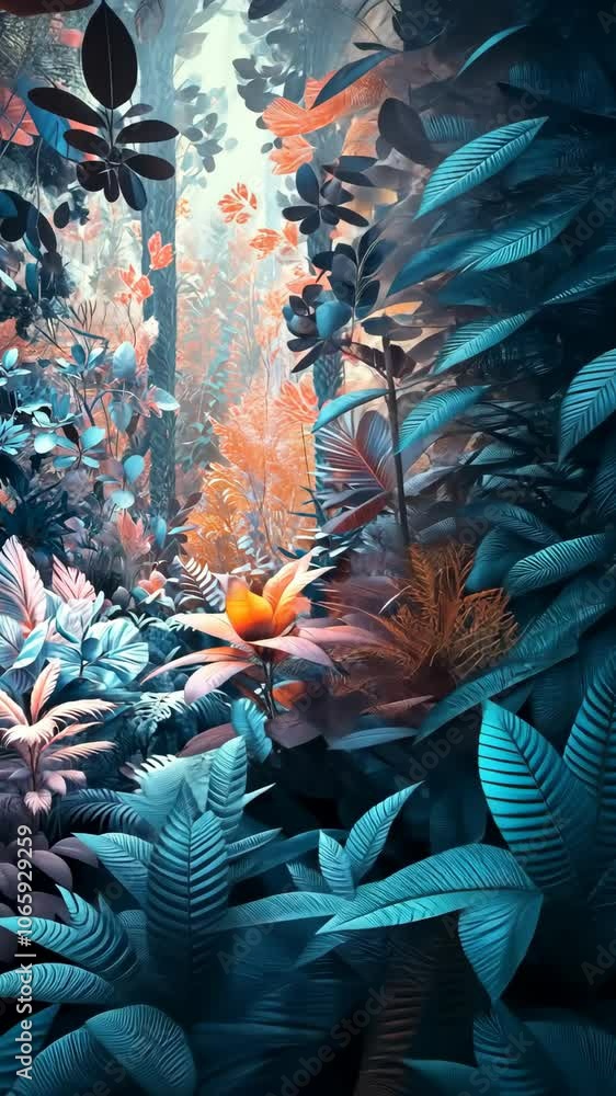 Poster exploring a vibrant and lush forest with vivid foliage and enchanting colors during twilight hours