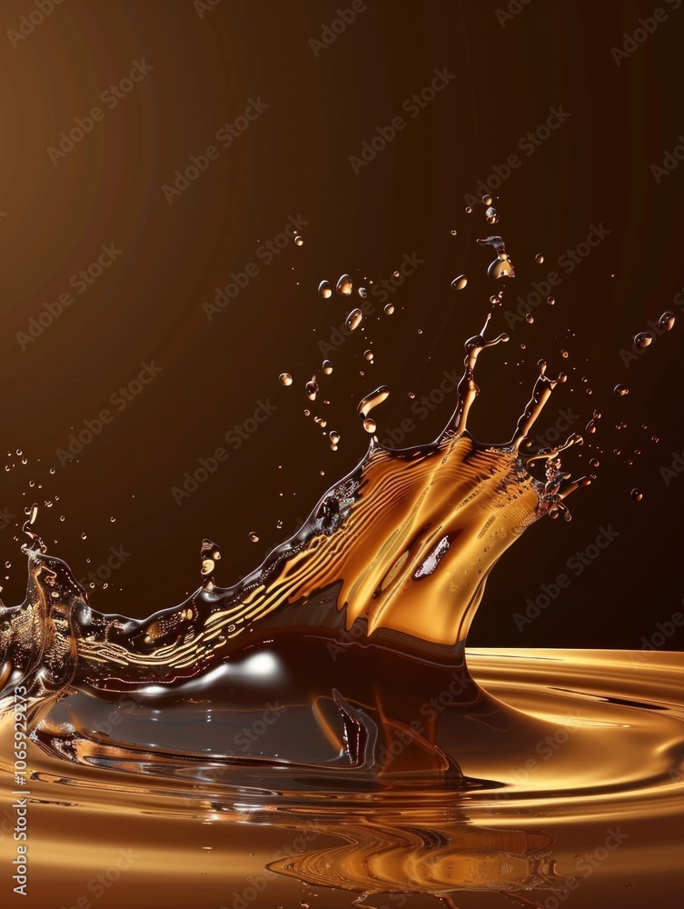 Aufkleber close up of liquid chocolate being poured or splashed, with droplets creating a dynamic effect again