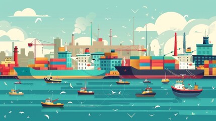 Cargo Ships and Boats Docked in a Bustling Port with Colorful Containers