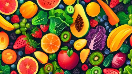 Bright and Colorful Fresh Fruit and Vegetable Collage for Healthy Living Inspiration