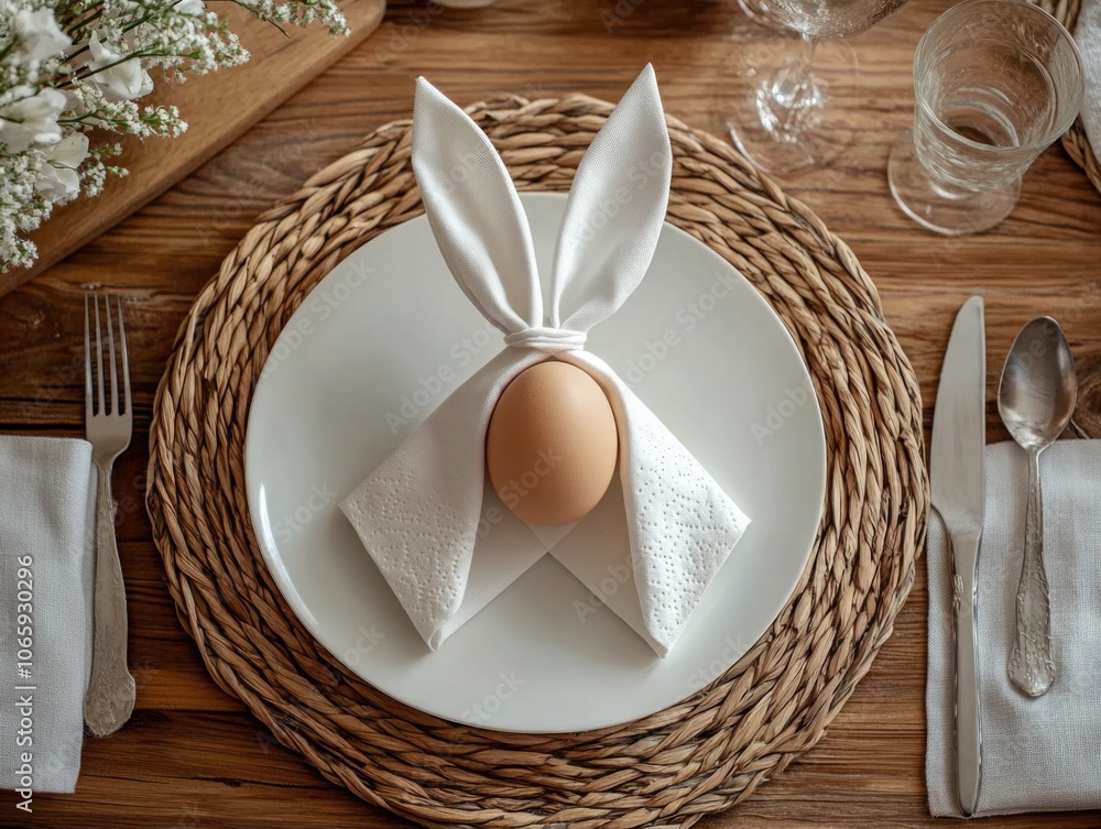 Poster table setting with a white plate and a napkin folded into a bunny shape. the table also has a fork, 