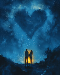 Obraz premium Couple in the night. Heart in the starry night. Valentine’s Day greeting, love confession, romantic relationships, cosmos, night, celestial, nebula, galactic