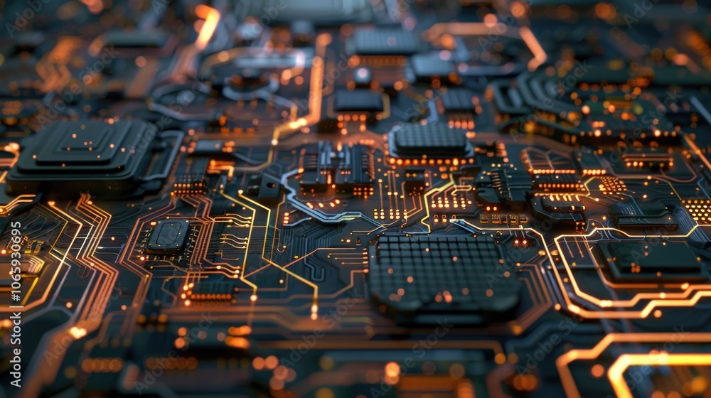 Poster a detailed close-up of a complex electronic circuit board with microchips and integrated circuits, s
