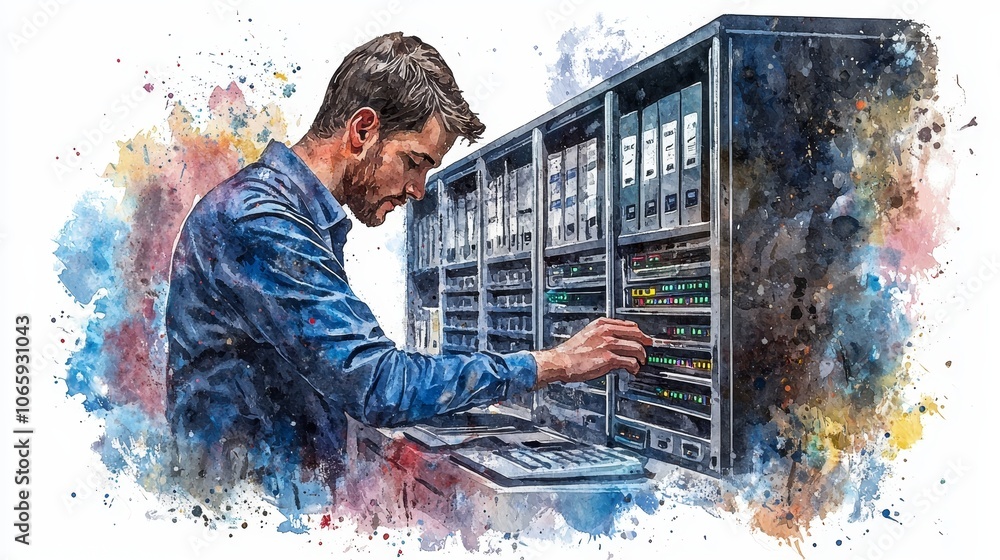 Poster user engages in secure system access through watercolor illustration of a modern login process