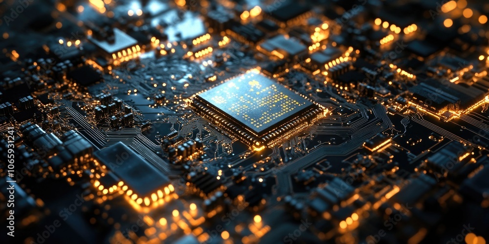 Poster computer chip is shown in a close up with a lot of detail. the chip is orange and black and is surro