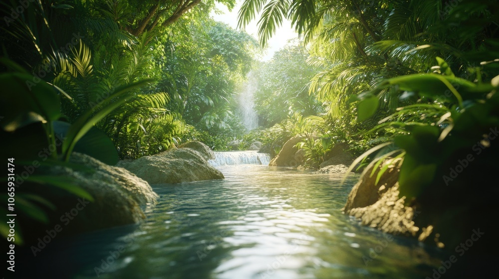 Poster lush jungle with a stream running through it. the water is clear and calm, and the sunlight is shini