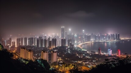 Obraz premium Night Cityscape with Fog and Illuminated Buildings