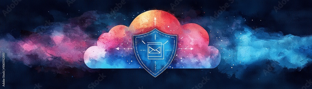 Poster the vibrancy of a colorful watercolor illustration showcasing a secure cloud with a shield symbolizi
