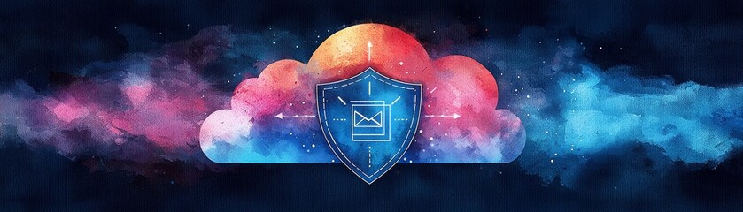 Fototapeta premium The vibrancy of a colorful watercolor illustration showcasing a secure cloud with a shield symbolizing data protection and privacy