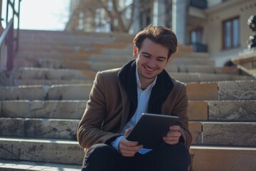 Fototapeta premium A young man is seated on a set of outdoor steps, smiling while looking at his tablet computer. He's dressed casually and appears to be enjoying a bright day reading or using the device for leisure.