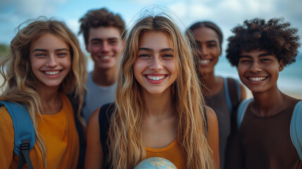 Obraz premium Smiling diverse students outdoors with backpacks