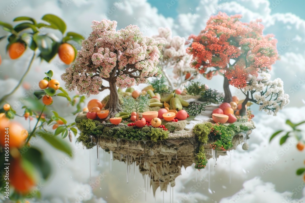 Poster painting of a tree with apples and oranges on it. the apples are in the foreground and the oranges a