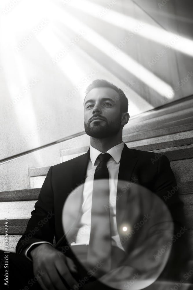 Poster man in a suit and tie sits on a staircase. he is looking at the camera. the image has a serious and 