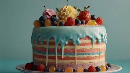 A colorful cake with rich frosting and decorative toppings, emphasizing its delightful layers and appealing textures