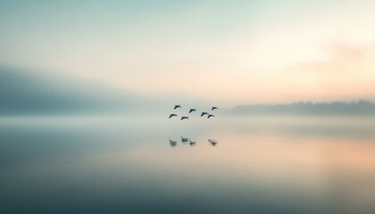 Obraz premium flock of birds flying over serene lake at sunset