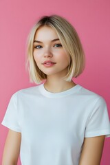 Fototapeta premium Cute young woman blonde hair with bob haircut isolated on pink background