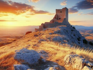 Fototapeta premium Majestic Stone Castle Ruins at Sunset