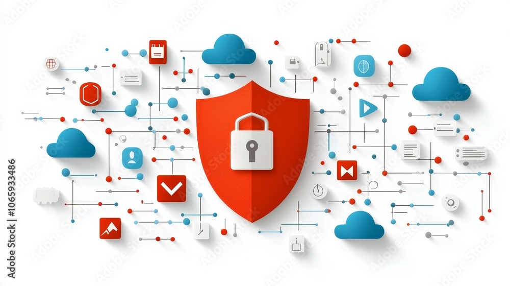 Poster your digital security with a modern flat design featuring a central shield representation in a conne
