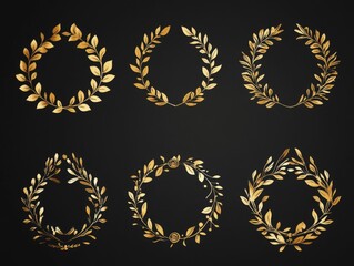 A collection of gold wreath ornaments with laurel leaves, symbolizing victory, celebration or classical elegance.