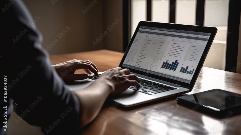 Poster analyzing data on laptop with graphs and charts