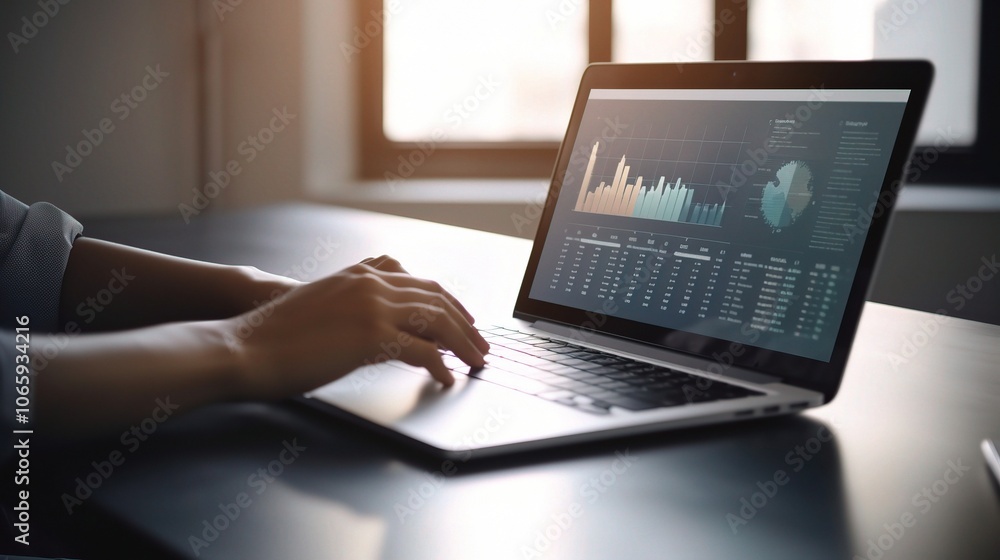 Poster laptop with data analysis in a bright office setting