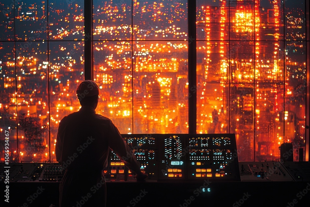 Poster silhouette of a man in control room with city lights in the background