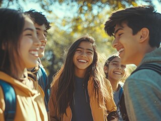 Smiling kids with backpacks on a sunny day