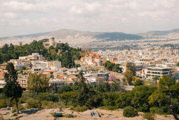 Obraz premium A view of Lycabettus Hill and the Ancient Marketplace of Athens, Greece