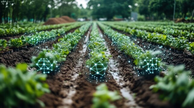 Rows of young plants growing in a field, with digital network overlays representing smart agriculture and data collection.
