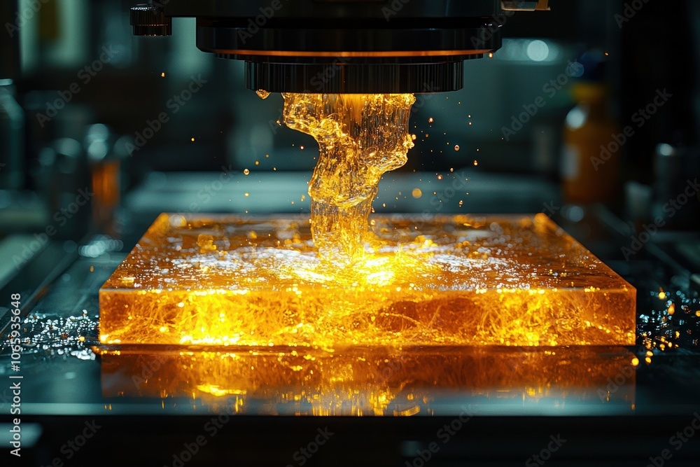 Poster liquid pouring into a transparent container, creating a rippling golden effect