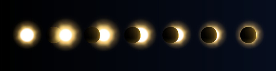 Solar eclipse in different phases. Cosmos with moon and sun in total and partial solar eclipse  isolated vector realistic illustration