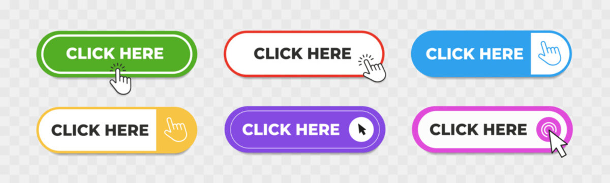 Click Here button with pointer clicking. Web button set. Click button icon. Vector EPS 10