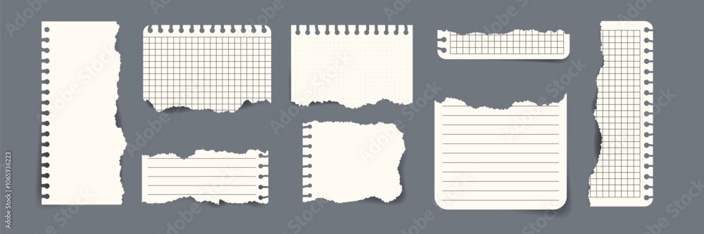 Poster vector set of torn notebook paper sheet fragments. realistic ripped notepad paper scraps. perfect fo