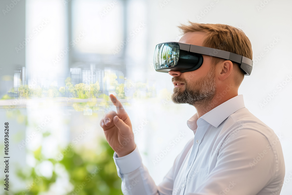 Poster the man engages with virtual reality equipment while exploring a digital interface in a contemporary