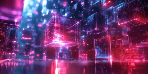 Fototapeta premium Glowing Transparent Cubes with Red and Blue Lines and Lights