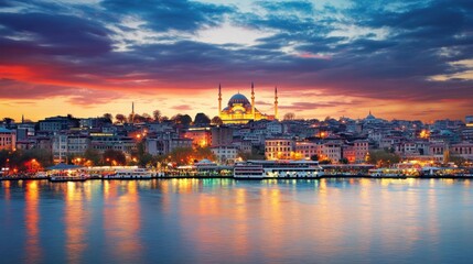 Fototapeta premium A stunning sunset view of a city skyline with a river and architectural landmarks.