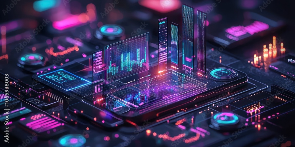 Poster Futuristic Neon Cityscape with Digital Displays and Data Visualizations